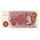 O'Brien 10 Shillings issued 1961, rare FIRST RUN REPLACEMENT note 'M01' prefix, serial M01 913598 (