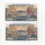 Saint Pierre & Miquelon 5 Francs (2) issued 1950 - 1960, a consecutively numbered pair, serial U.