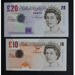 Lowther (2), 20 Pounds issued 1999 and 10 Pounds issued 2000, both scarce REPLACEMENT notes,