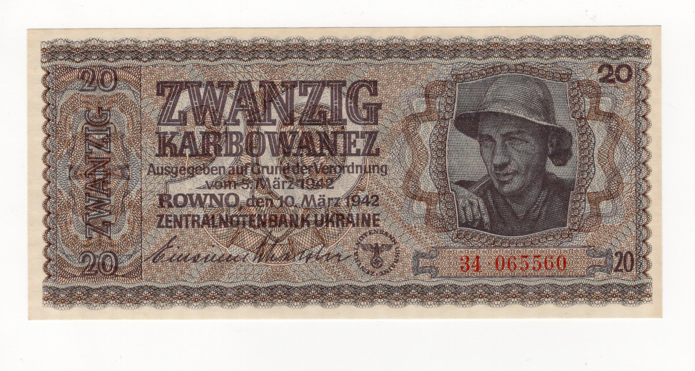 Ukraine 20 Karbowanez dated 10th March 1942, WW2 German Occupation issue, RADAR number serial 34