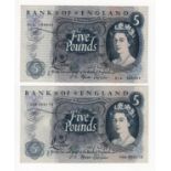 Fforde 5 Pounds (2) issued 1967, scarce REPLACEMENT notes, serial 06M 808178 (B315, Pick375b) VF,