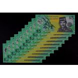 Brunei 5 Ringgit (10) dated 1996, a consecutively numbered run of 10 notes, serial C/4 154292 - C/