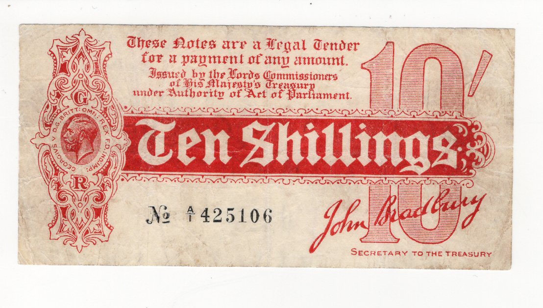 Bradbury 10 Shillings issued 1914, FIRST RUN serial A/1 425106, No. with dash (T9, Pick346) small