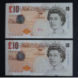 Lowther 10 Pounds (2) issued 2000, rare FIRST RUN and LAST RUN REPLACEMENT notes, serial LL01 952903