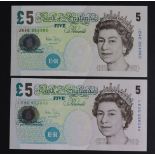 Bailey 5 Pounds (2), issued 2004, rare FIRST RUN 'JB46' prefix and LAST RUN 'LE90' prefix, serial