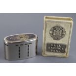Money box (2), Hull Savings Bank, oval money box/home safe number 32343, without key, plus book