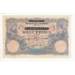 Tunisia 1000 Francs dated 1892 issued 1942, 'Banque de L'Algerie Mille Francs' overprint on France