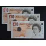 Lowther 10 Pounds (3) issued 2000, rare FIRST RUN, MID RUN and LAST RUN Column Sort notes, serial