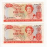 New Zealand 5 Dollars (2) issued 1981 - 1985, signed H.R. Hardie, a consecutively numbered pair of