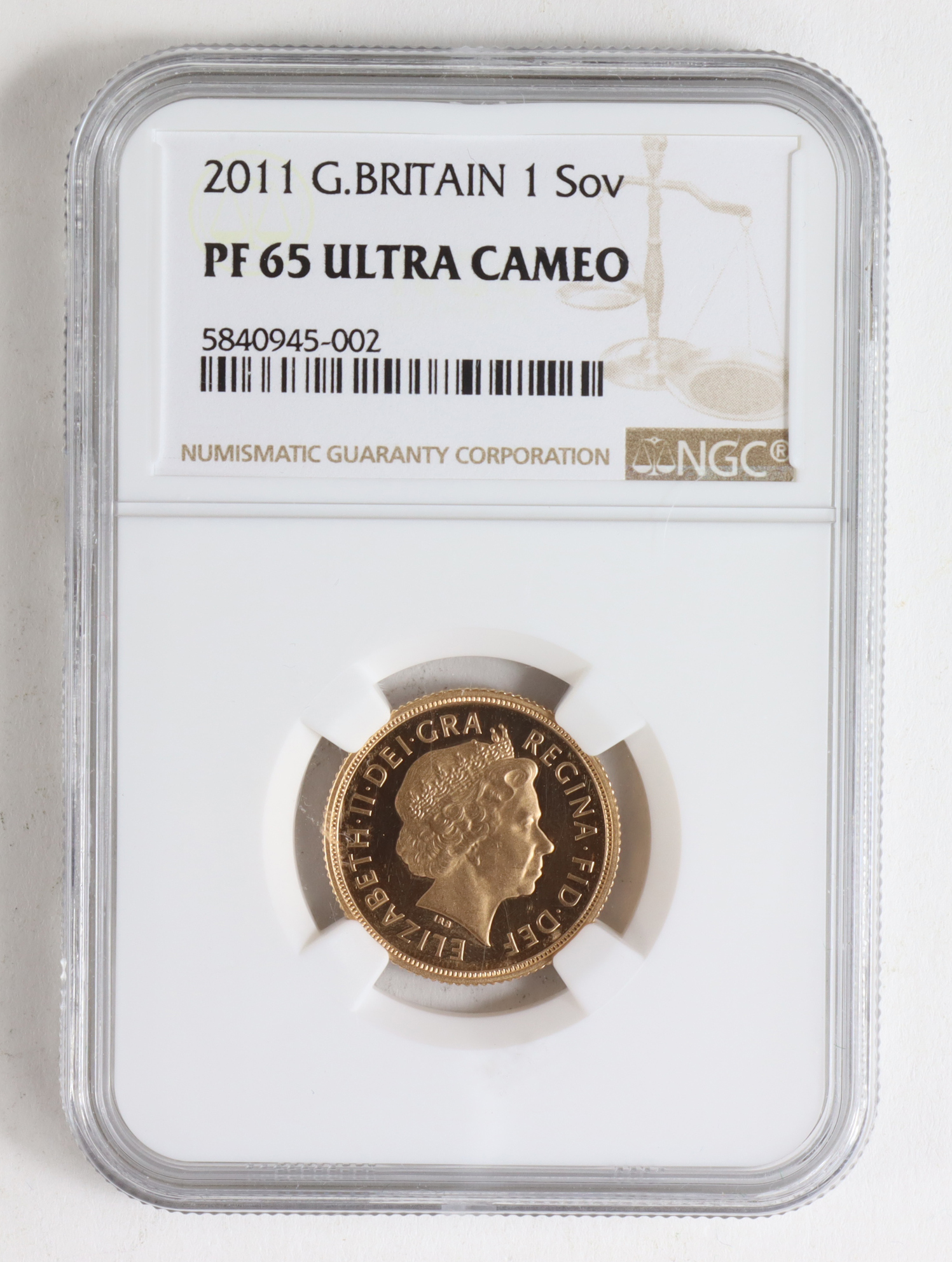 Sovereign 2011 Proof, slabbed by NGC PF65 ULTRA CAMEO.