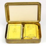 WW1 Princess Mary brass gift tin with original packets of tobacco and cigarettes with 1914 Mary gift