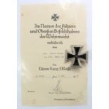 German Nazi Iron Cross 1st class with award document to Gfr. Justin Bewald 5./inf. Regt 89 dated 7