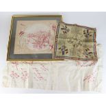 Boer War / WW1 commemorative silks, one framed. Plus a Nurses bandage with various stitched male and