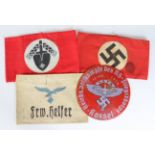 German Nazi armbands various (x3), plus an NSFK 1938 event wall plaque (15cm). (4 items)