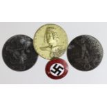 German Nazi 'Tinnies' x3, and DAP pin badge maker marked 'M1/72 RZM'. (4)