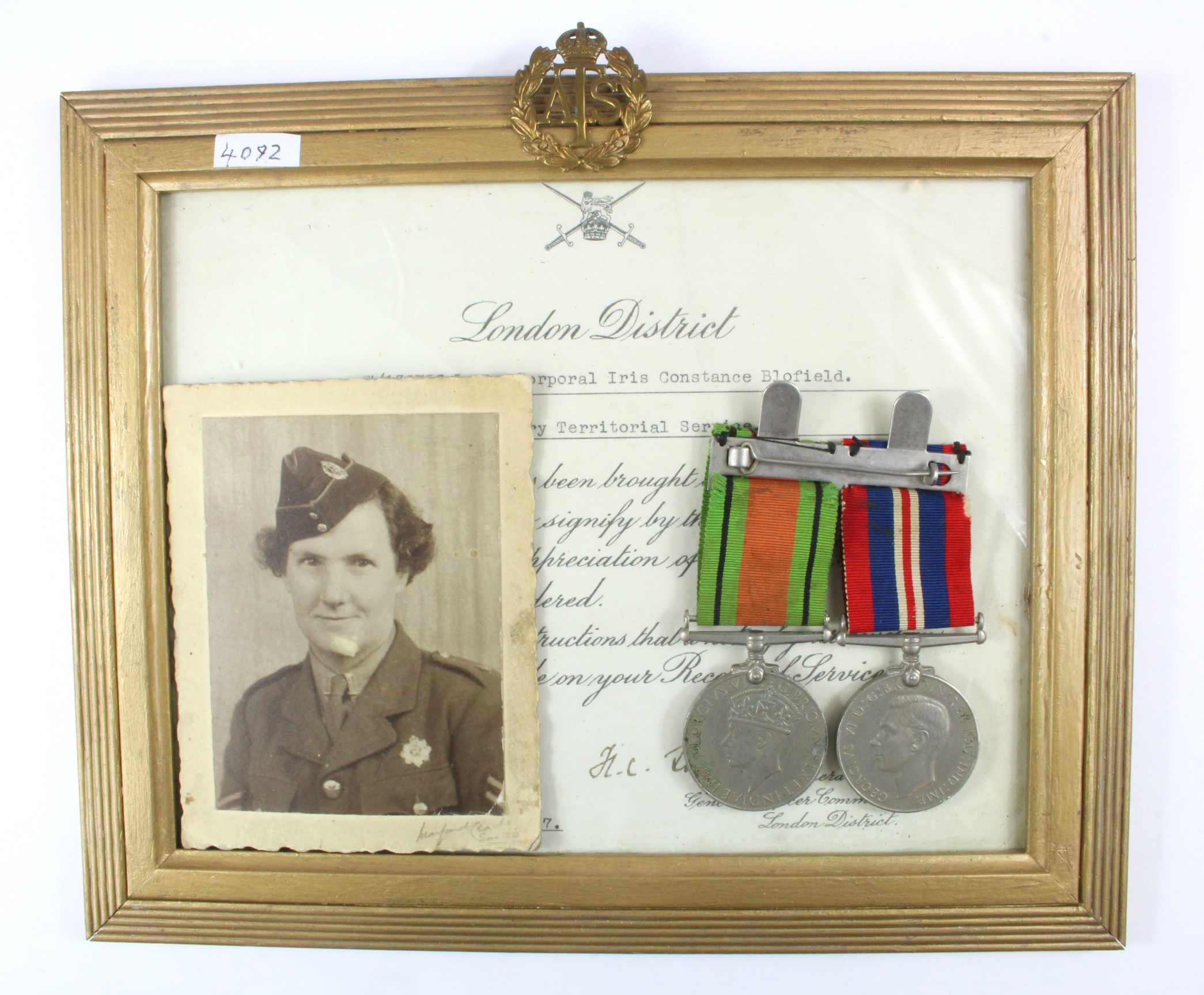 ATS London District Good Service Certificate, Defence and War medals, photo etc., to W/138753 L/