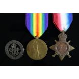 1915 Star and Victory Medal to 3455 Pte E P Lewsey 3-London Regt, plus Silver War Badge No 190523.