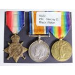 1914 Star Trio to 9322 Pte D Barclay R.Highrs. Wounded 1914 and 1915. (3)