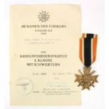 German War Merit Cross 2nd class with Swords and with Award Document 20/4/1944 Nord Ukraine