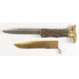 Victorian folding Bowie style hunting knife, with brass scabbard, brass crossguard, staghorn