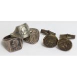 German Nazi 'SS' cufflinks (pair), with Adolf Hitler rings x2, and SS ring x1. (5 items)