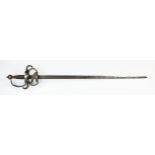 Sword 17th century style heavy Rapier with 35 inch straight blade with inscription to both sides