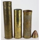 WW1 Trench Art shell case Vases (x3) engraved 'Champagne 1918', 'Suovenire D'Ypres MP', and Souvenir