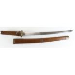 Japanese Sword on wooden mounts / scabbard with brass Tsuba. Blade with edge chips. Sold as seen
