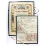 Royal Life Saving Society 1932 framed Certificate + a Royal National Life Boat Institution 1936