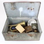 WW2 ammo box containing various militaria shell cases etc. (Qty)