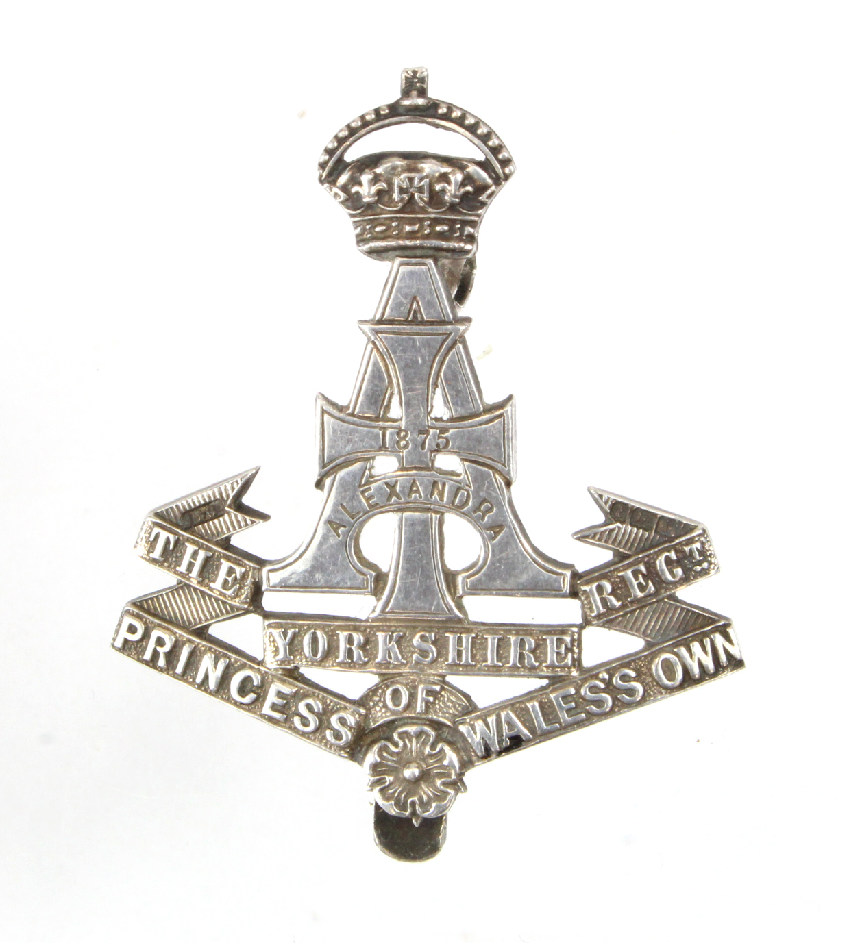 Badge Yorkshire Regiment Officers unmarked silver cap badge with unusual hook and one lug original