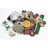 Small black box of misc military items inc copy medals, buttons, badges, etc. (qty)