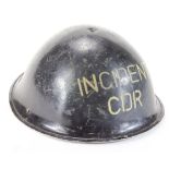 WW2 steel helmet Mk3 turtle, black finish, 1952 dated stencilled "Incident Cdr". With liner and chin