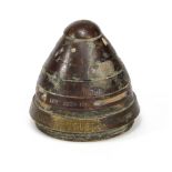 British Army A/F 18 Pounder Brass Shrapnel Nose Fuse, engraved "Delvile Wood 1916". Inert