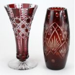 Two deep red Bohemian Cut & Flashed Vases. Both measuring approx 26cm in height.