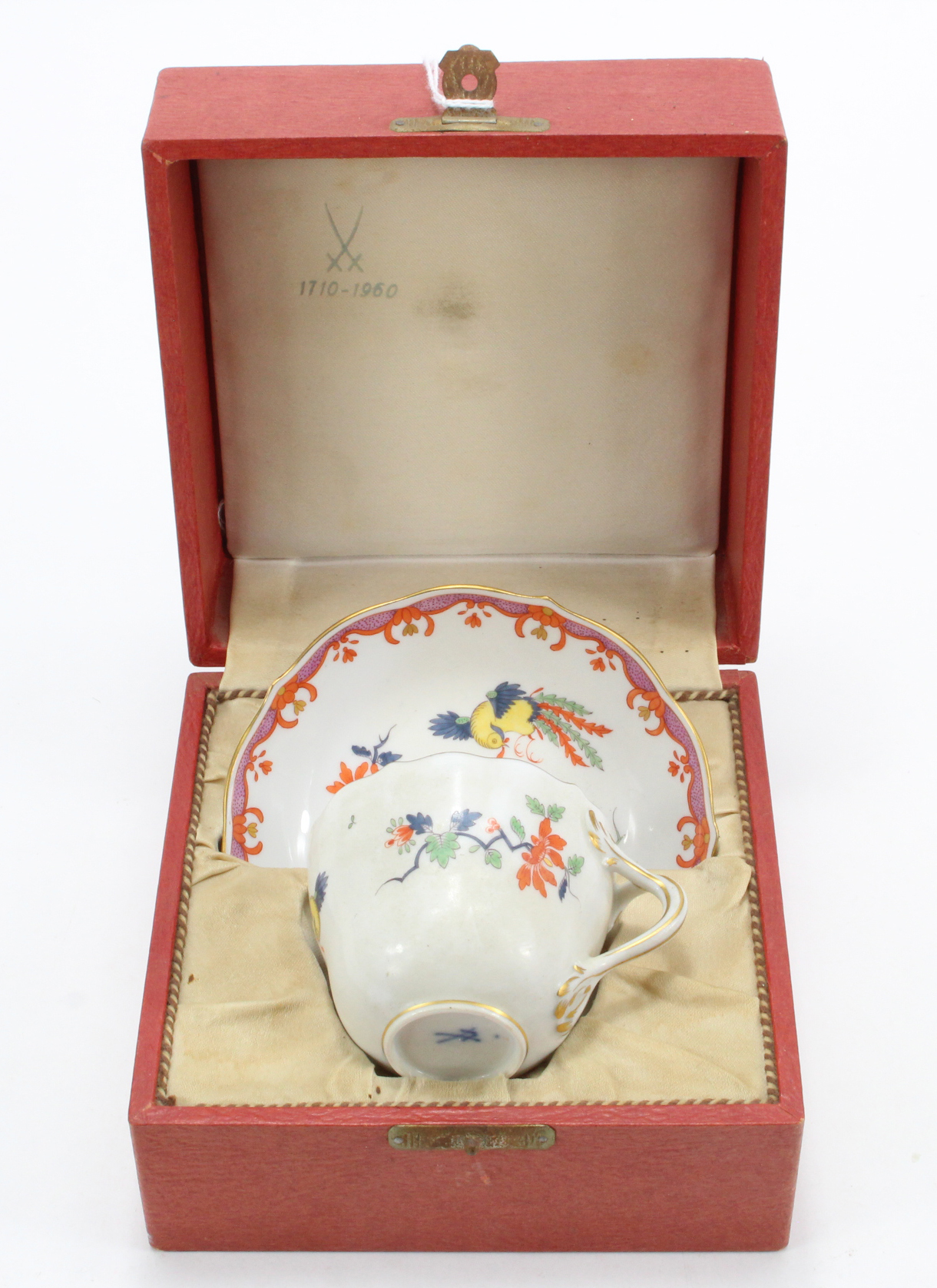 Meissen cup & saucer, with matching bird and floral decoration, date unknown, Meissen mark to base