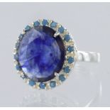 7.5ct Blue Sapphire Gemstone ring with Turquoise Gemstones in silver, size S