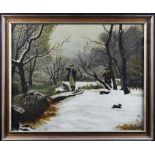 Oil on Board. A stylised depiction of a Rabbit shoot in snowy woodland with two men and a dog.