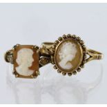 Two 9ct yellow gold shell cameo rings, one oval and one square, weight 4.2g