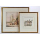 Ipswich interest. Two watercolours by W. E. Pepper, depicting Wolsey Gate & St. Peters Church,