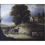 Oil on Canvas. Rural Scene depicting two figures and a horsedrawn cart by a house, with cattle and