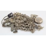 Silver. A collection of silver & white metal chains, cufflinks, sovereign holder, etc., total weight