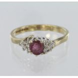 9ct yellow gold ruby and diamond ring, finger size J/K, weight 1.8g