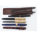 Pens & Pencils. Five fountain pens comprising Montblanc (no. 32), Parker (x 2), Sheaffer & Mentmore,