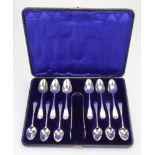 Composite set of twelve Georgian silver teaspoons and silver tongs in a fitted box. Six spoons