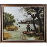 Oil on Board. A stylised depiction of a duck shoot over the water with two men and dog in a