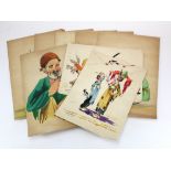 Series of six Persian watercolour illustrations all measuring 34cm x 24cm, along with a further