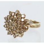 9ct yellow gold "champagne" coloured diamond multi row cluster dress ring, diamond weight approx.