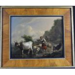 19th Century. Oil on board. Pastoral scene of a Barefoot Shepherdess with goats and cattle by a