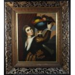 After Titian, Girl with a Platter of Fruit. Oil on canvas. In a large ornately carved camphor wood